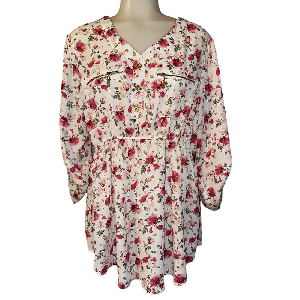 J For Justify Size XL Women’s Floral V-Neck 1/2 Button Roll Tab Sleeves Blouse